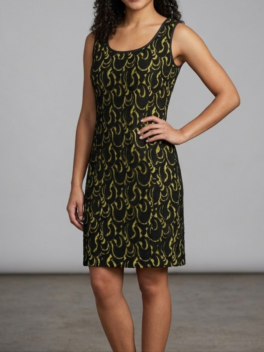 DKNY Vintage Black & Lime Green Scalloped Lace Sheath Cocktail Dress
